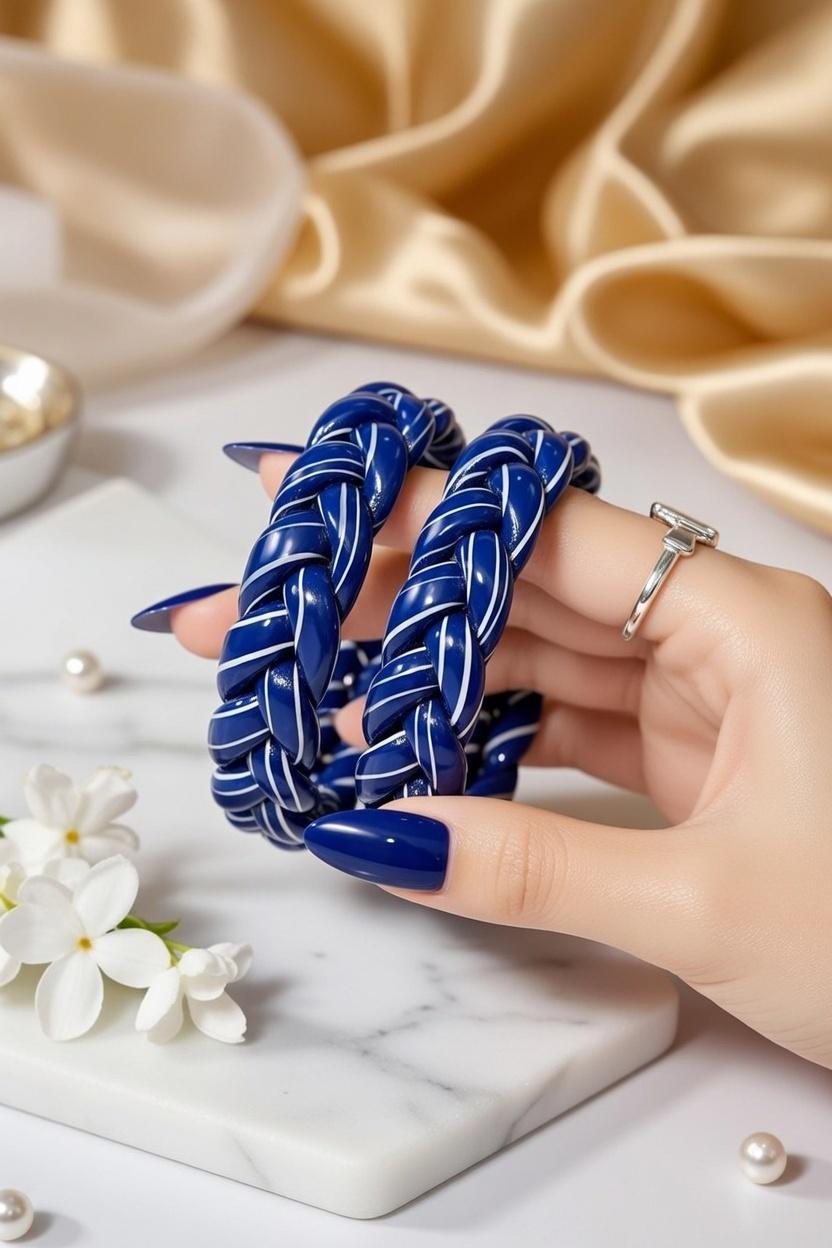 Hand holding blue braided hair ties with a marble surface and gold fabric background