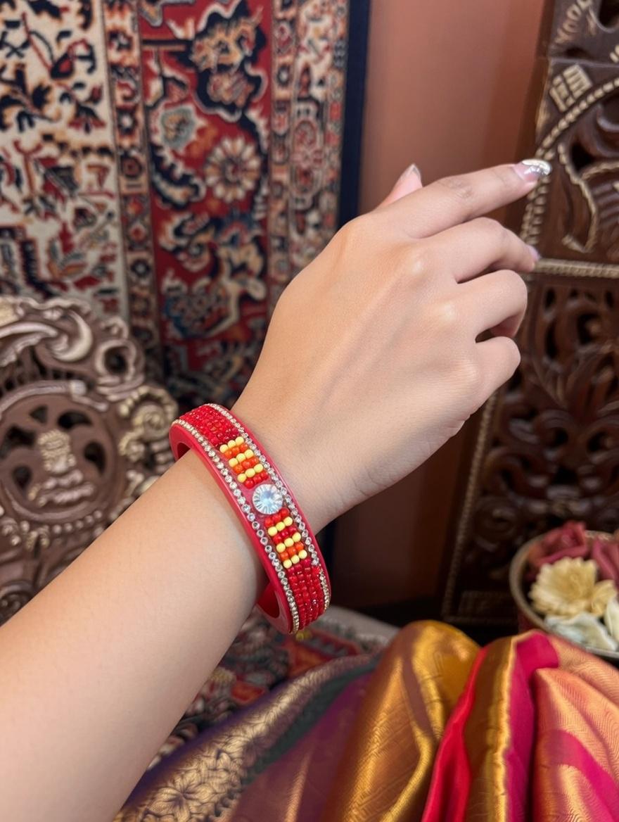 Red & Orange Designer Lac Bangles with Stone Work | Handcrafted Indian Jewelry