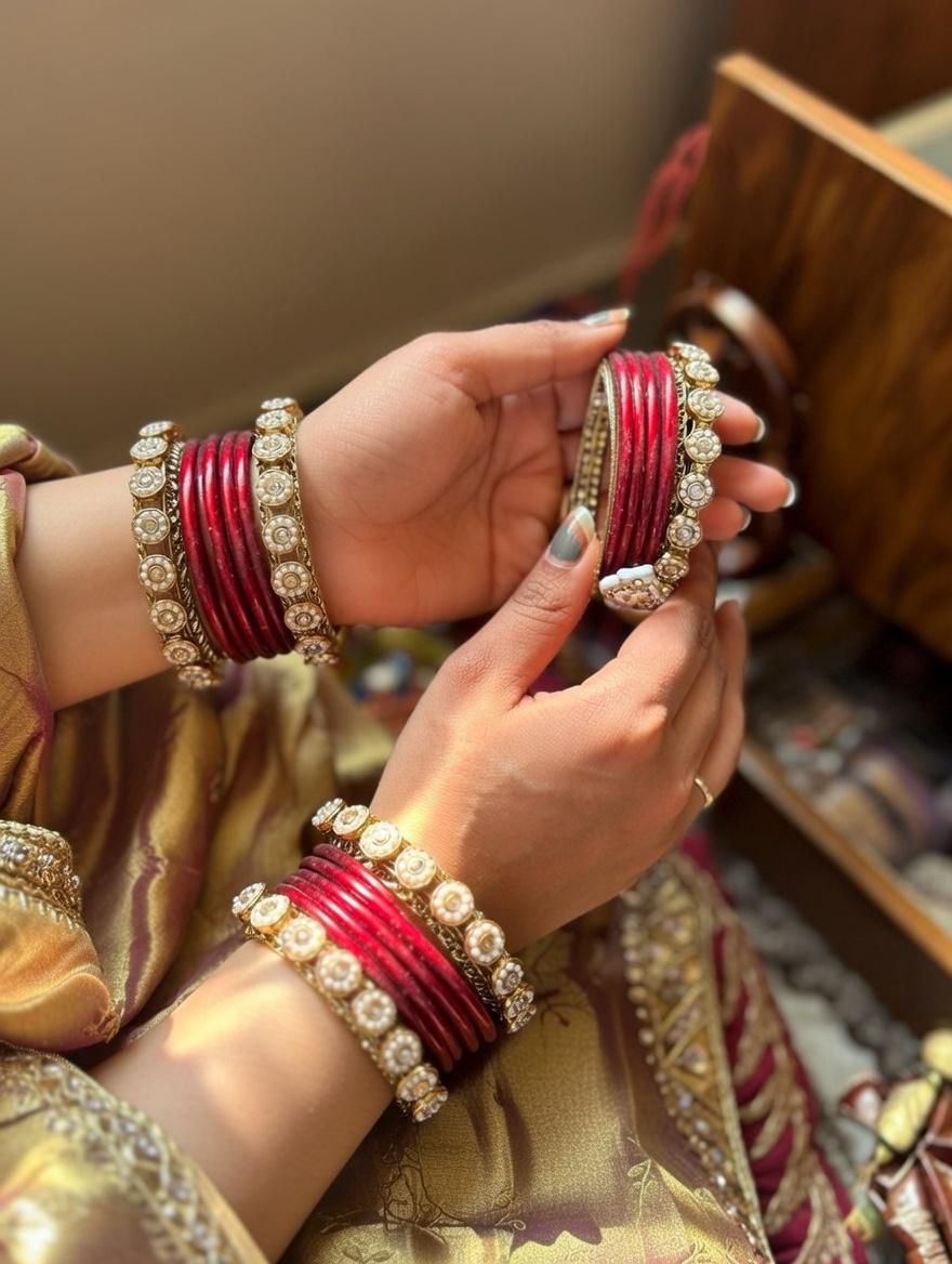 Handcrafted maroon lac bangles with antique gold kada for Indian weddings"