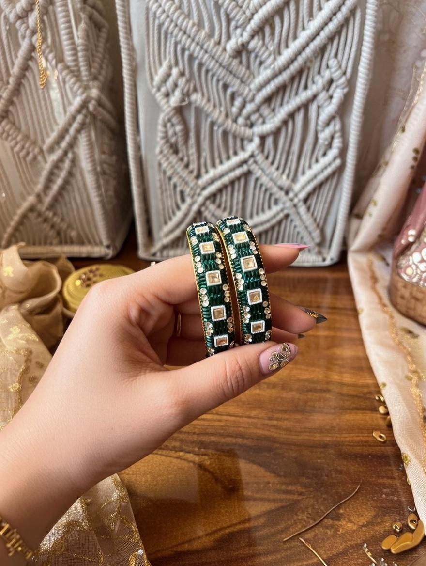 "Dark green lac bangles with traditional mirror work for Indian weddings"