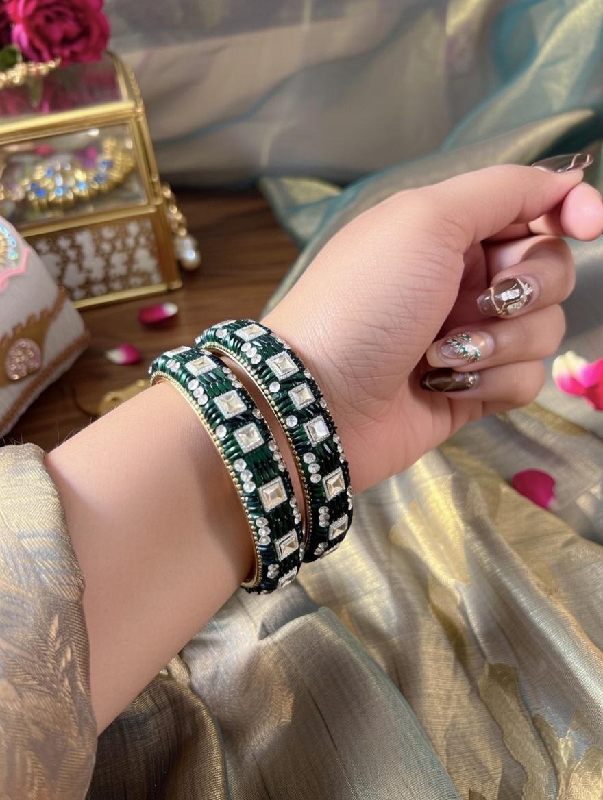 "Dark green lac bangles with traditional mirror work for Indian weddings"