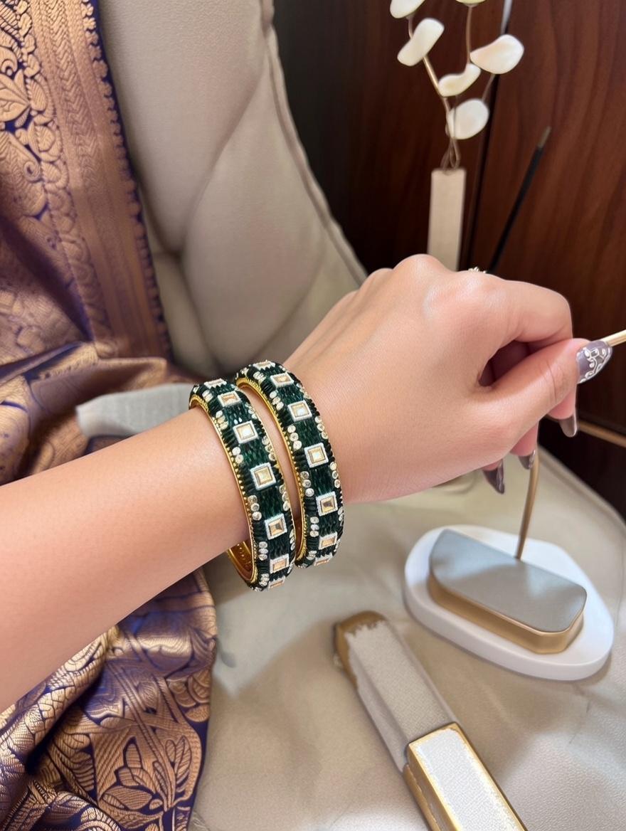 "Dark green lac bangles with traditional mirror work for Indian weddings"