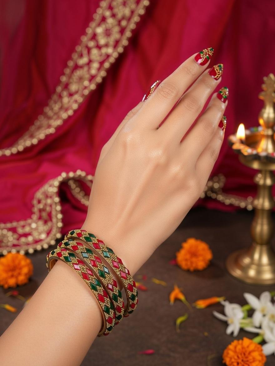 Rang Mahal – Red & Green Stonework Lac Bangles | Handcrafted Bridal Jewelry