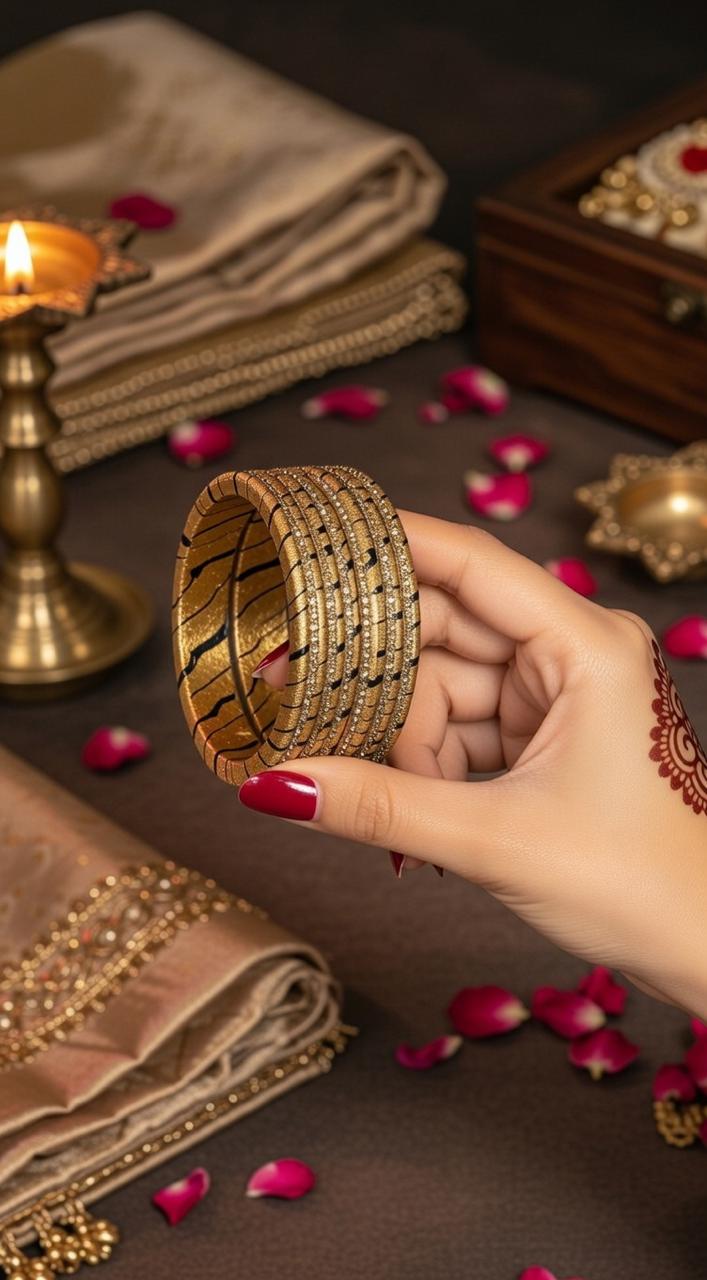 Golden Shimmer Lac Bangle Set - Handcrafted Glitter Bangles