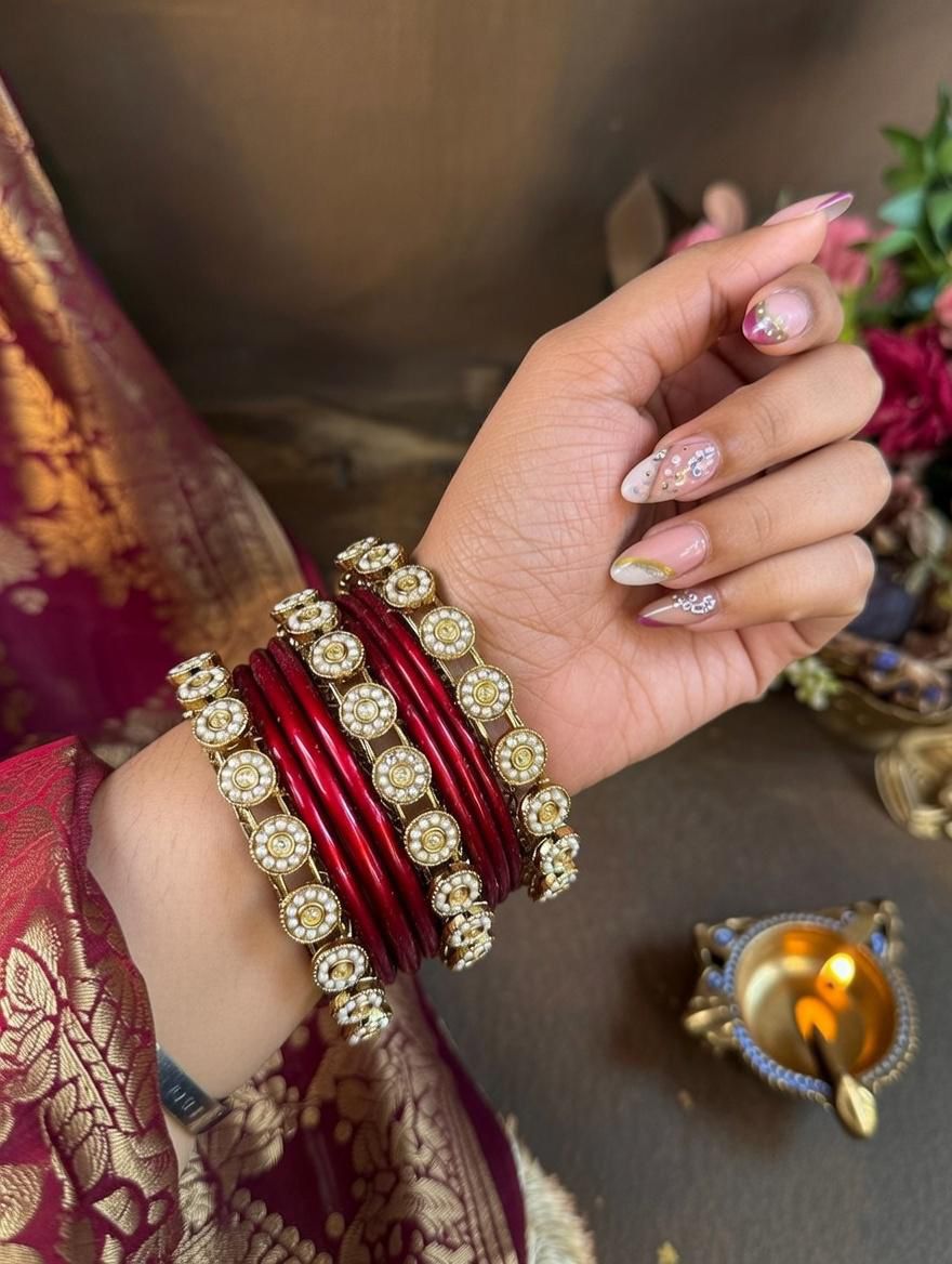 Handcrafted maroon lac bangles with antique gold kada for Indian weddings"