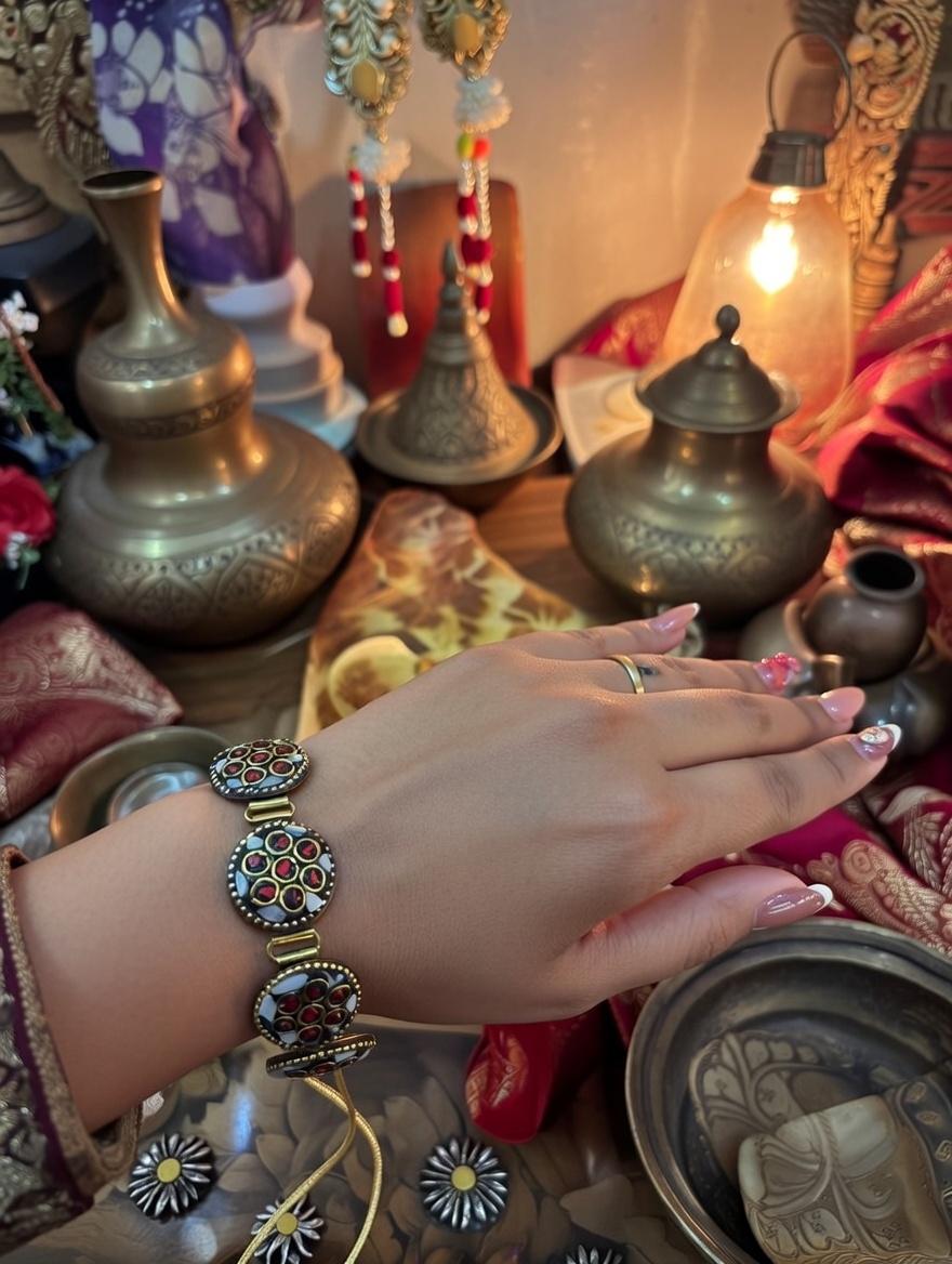 "Bold red lac bracelet statement jewelry handcrafted fusion Indian accessory"