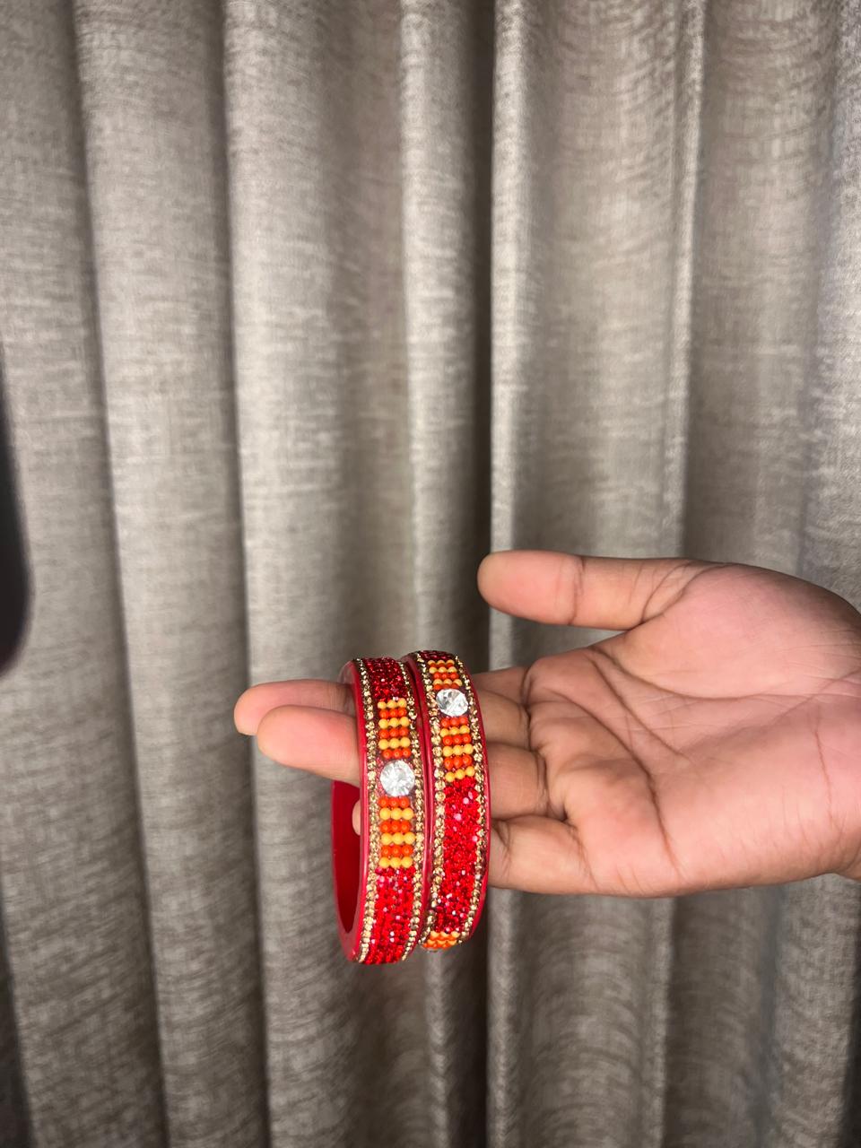 Red & Orange Designer Lac Bangles with Stone Work | Handcrafted Indian Jewelry