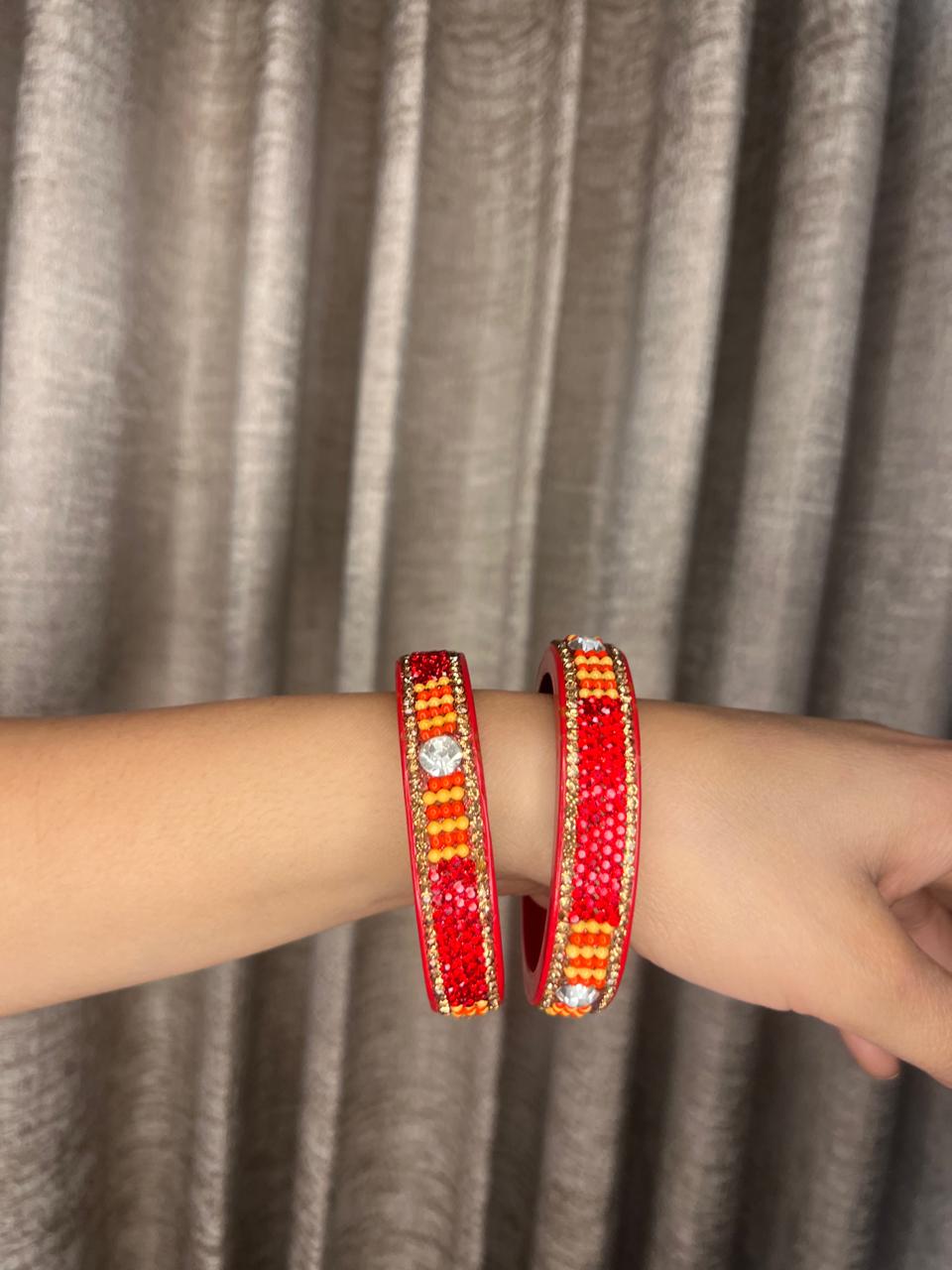 Red & Orange Designer Lac Bangles with Stone Work | Handcrafted Indian Jewelry