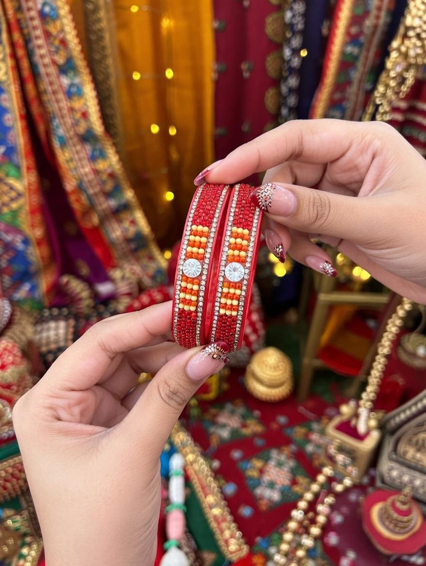 Red & Orange Designer Lac Bangles with Stone Work | Handcrafted Indian Jewelry